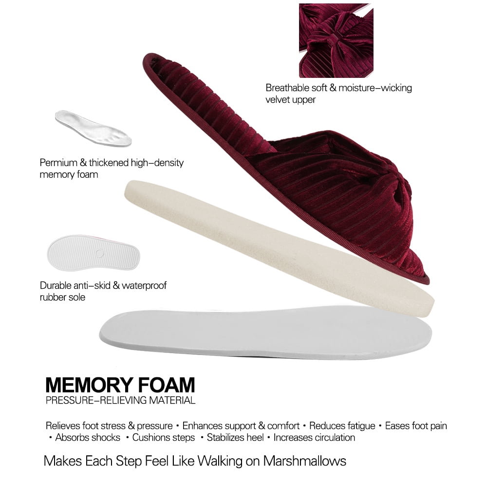 Aerusi Women's Slippers, US Women's Size 6, Red Wine, Cozy Plush Memory Foam Bow Design for Adults