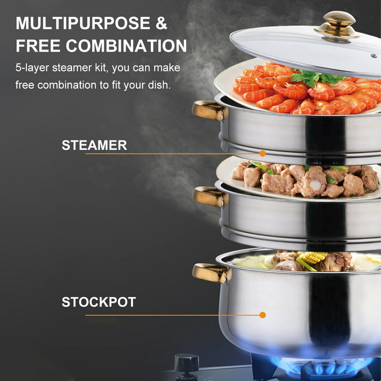 5 Tier Hot Pot 30cm Steamer Stainless Steel Pot Cooking Steam