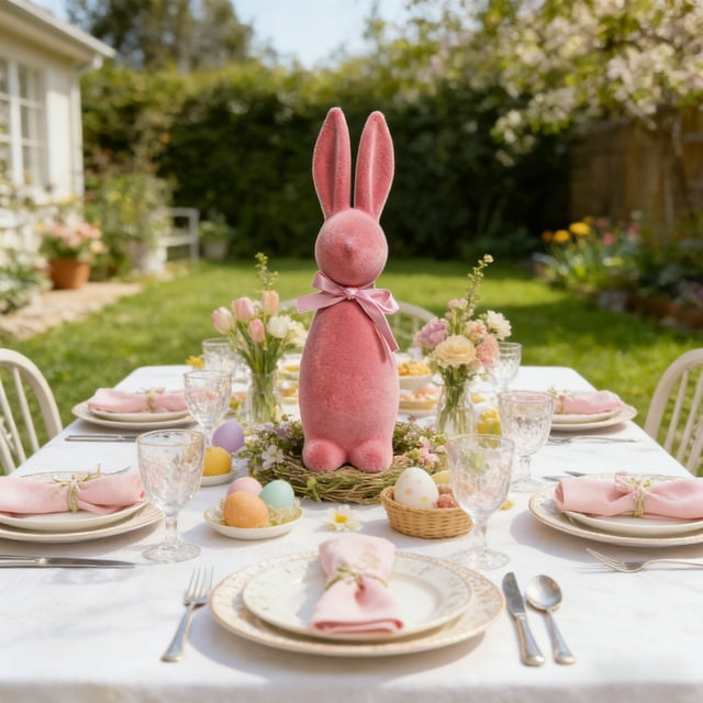 Linnome Easter Themed Flocked Bow Standing Bunny Figurine Festive Decor For Holiday Party And Home Use