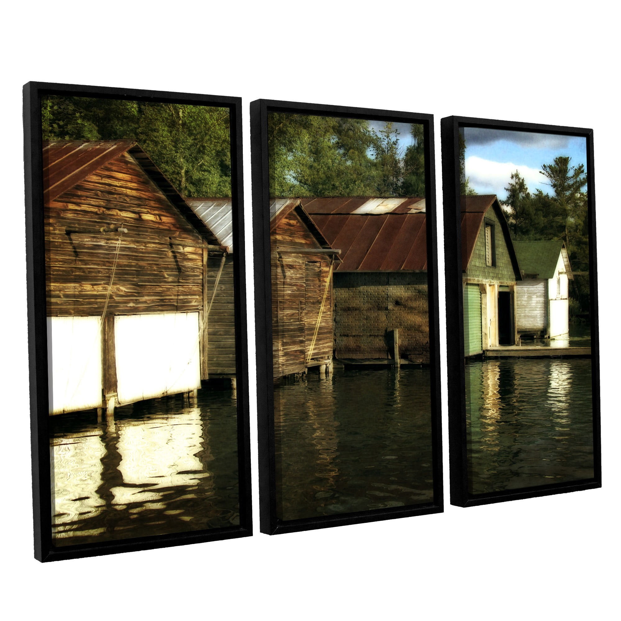 ArtWall Kevin Calkins "Boathouses on the River" 3-Piece Floater Framed Canvas Set