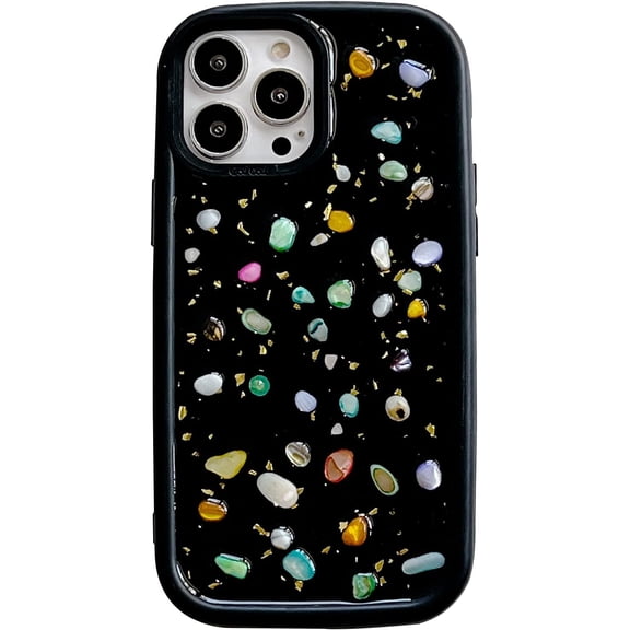 Black Luxury Phone Case Compatible with iPhone 13, 3D Colored Glitter Gemstone Pebble Shockproof Protective Phone Cover for Women Girls