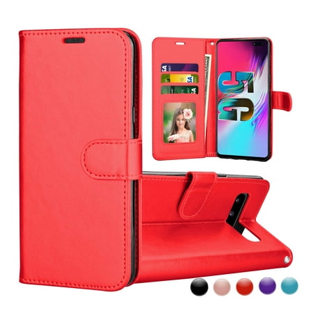 Njjex for Samsung Galaxy S10 / Galaxy S10 Plus / Galaxy S10 5G / Galaxy S10E Wallet Cases Cover, Njjex Buit in 3 Card Slot PU Leather Magnetic Protective Cover with Photo Window & Wrist Strap -Red