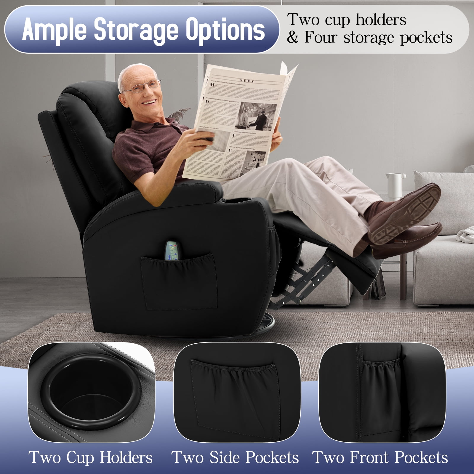 Korser Swivel Rocker Recliner Chair with Massage Faux Leather for Living Room,Black