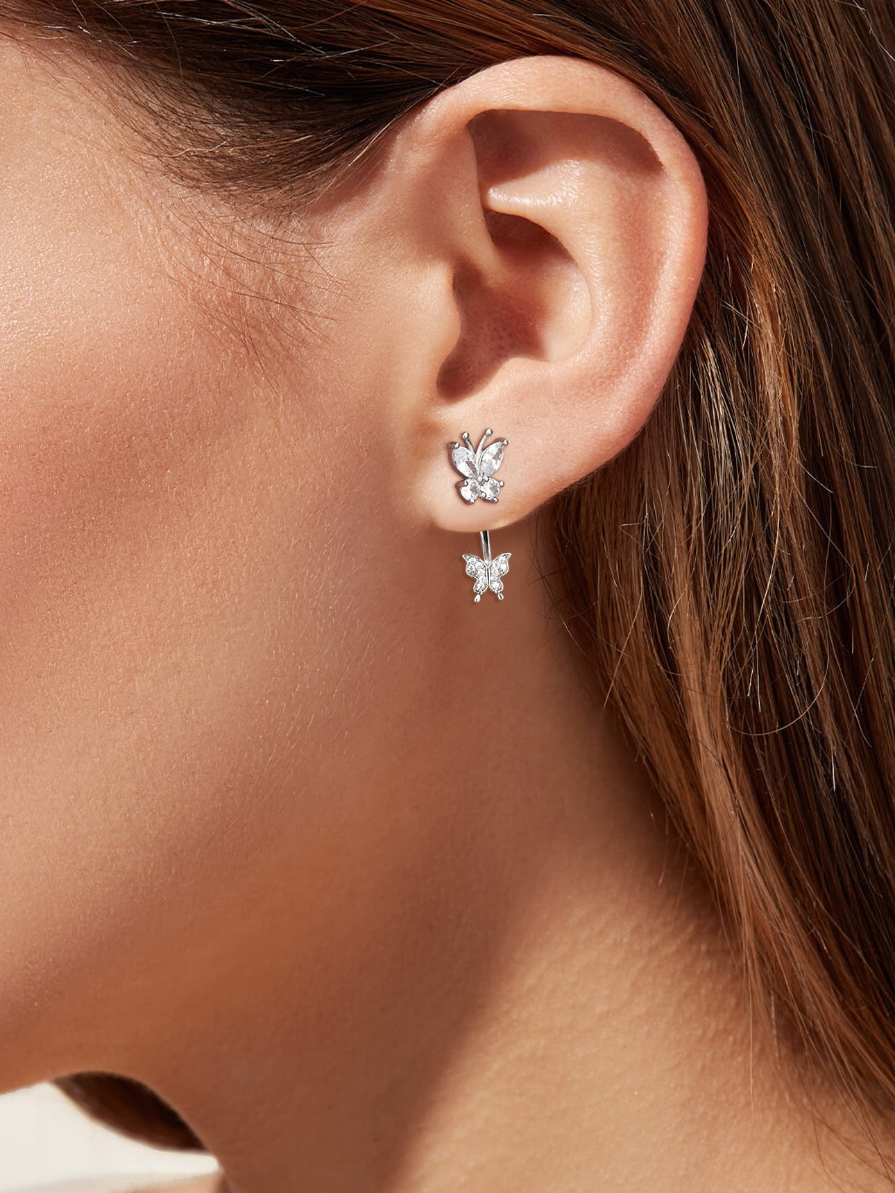Suplight 925 Sterling Silver White Zirconia EarringsJacket Butterfly Stud Earrings for Women