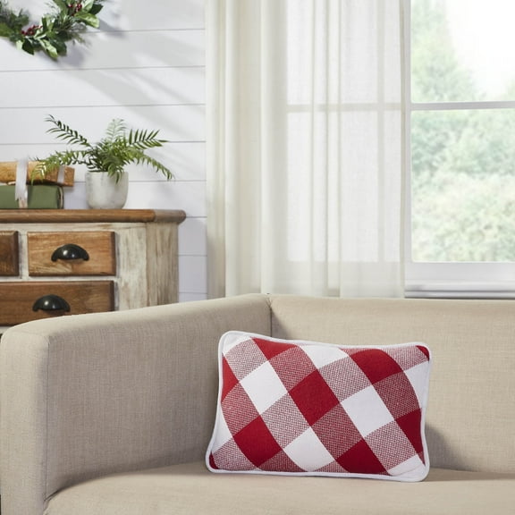 VHC Brands Farmhouse Christmas Decorations Annie Check Accent Pillow for Bedroom Living Room, Fringed Red and White Checkered 14x22 inches