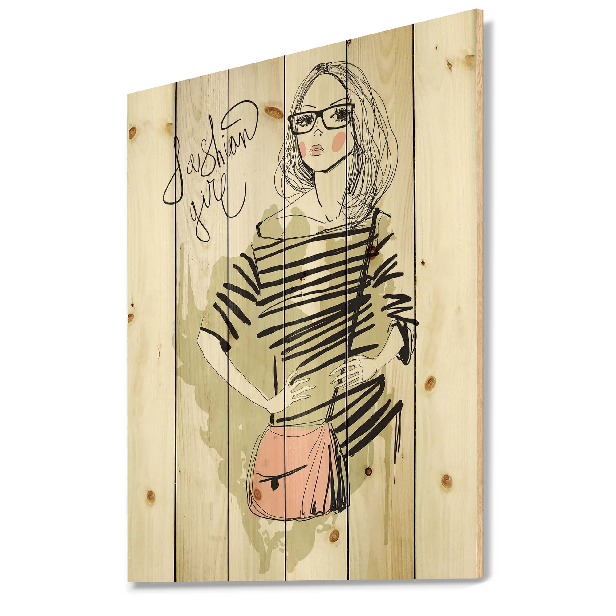 Designart 'Trendy Fashion Woman' Shabby Chic Print on Natural Pine Wood