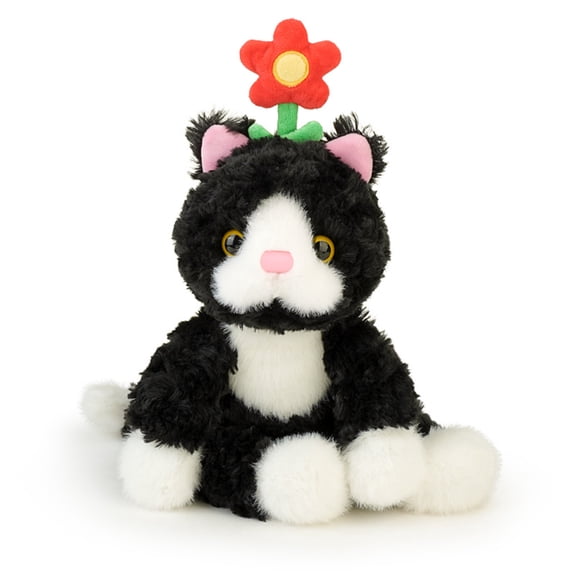 11.02Inch Soft Black Cat Stuffed Animals with Flower on the Head, Cuddly Soft Kitty Plushie Throw Pillow, Perfect Birthday Christmas New Year Valentine's Day Gifts for Women Girlfriend Teens Lover