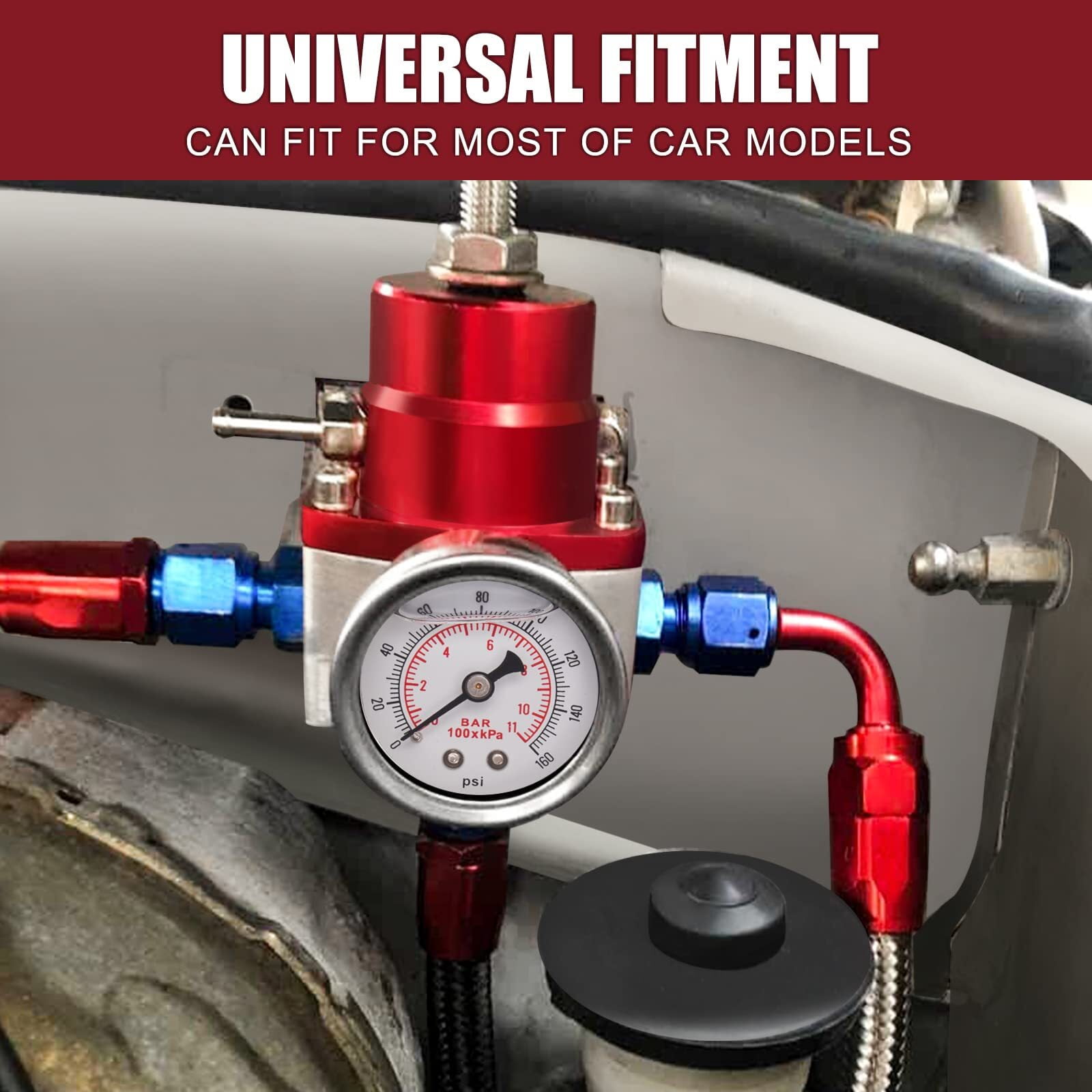 Universal Adjustable EFI Fuel Pressure Regulator Kit with 0-100psi Gauge AN6 -6AN Fuel Line Hose Fitting Connectors Kit Blue&Red 