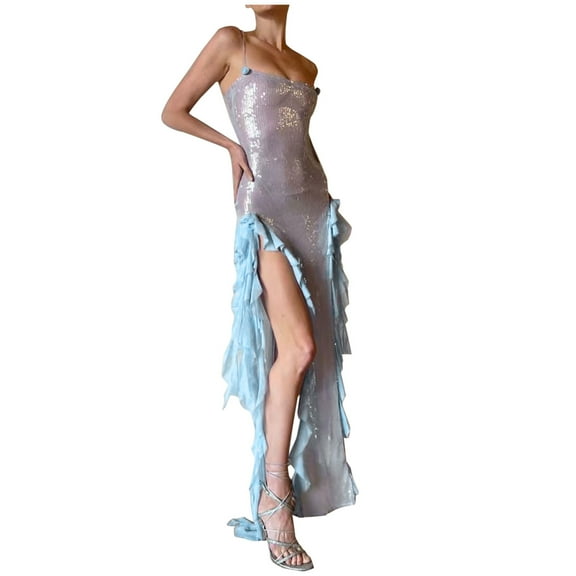 Elainilye Fashion Cocktail Dresses for Women Sexy Romantic Ruffle Flower Decoration Perspective Strap Dress,Blue