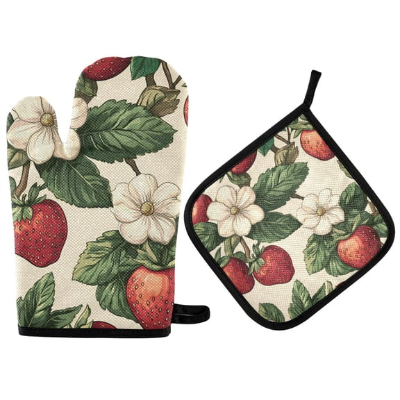 Yayeee Oven Mitts and Pot Holder Set of 2 Heat Resistant Kitchen Gloves Baking Hot Pad, Beige Strawberry