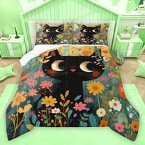 Homewish Kawaii Cat Kitten Bedding Comforter Set,Cute Daisy Floral Twin Comforter Sets,Green Black Orange Bedding Set For Girls Kids,Microfiber Bedroom Decor Reversible,2-Piece