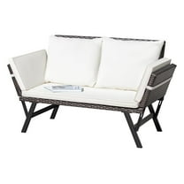 Woven Rattan Outdoor Sofa, Convertible Daybed Patio Furniture with Adjustable Armrests, Cushions & Pillows - Brown Lounger & Beige - Yard, Porch, Pool