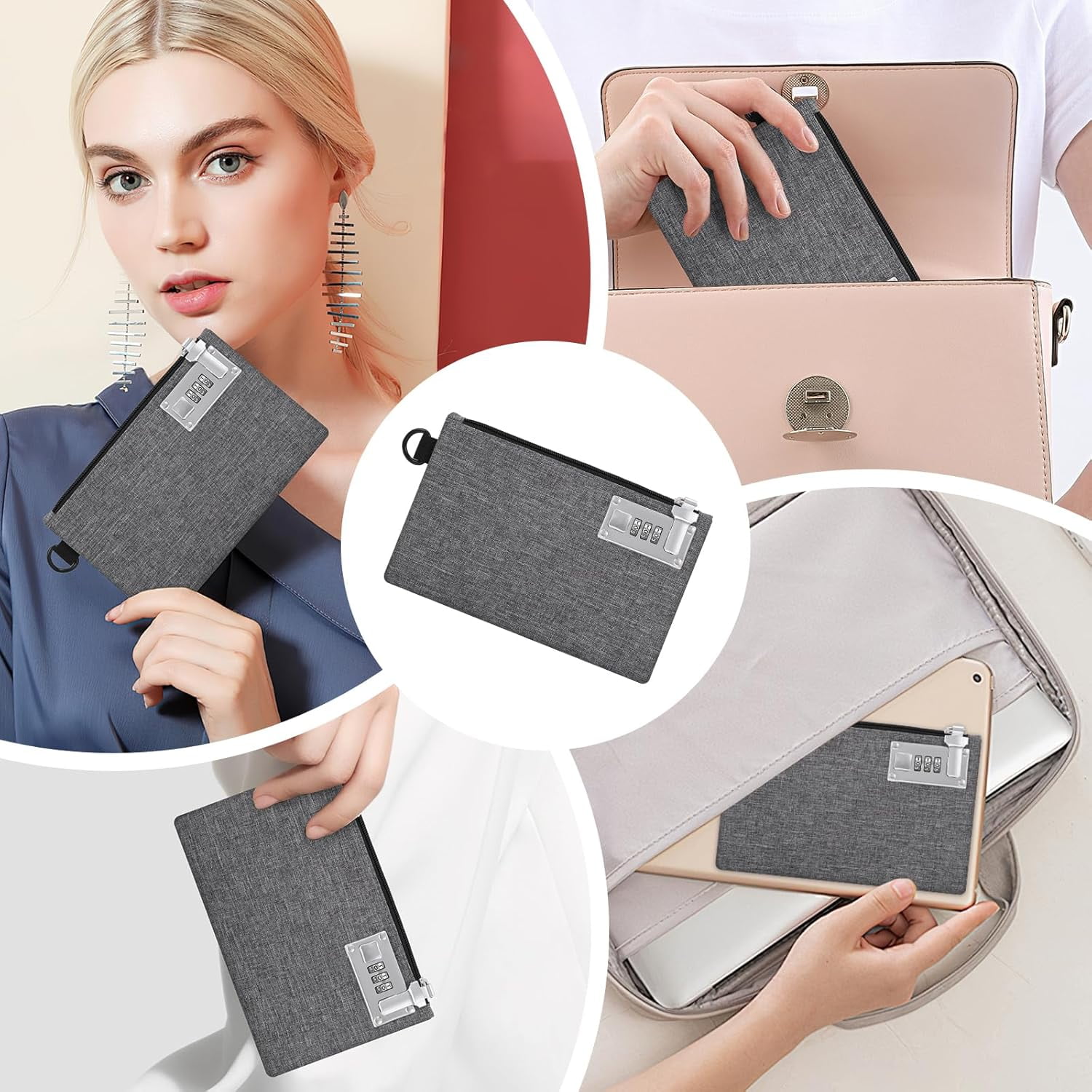 ABPETE Lockable Money Bag, 5.3 x 8.3 Inches Nylon Locking Coin Purse Bank Pouch, Cash Bag with Lock, Portable Travel Money Pouch, Jewelry, Passports, Medicine, Credit Cards - 1Pcs(Grey)