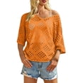thumbnail image 2 of Women's Beige Crochet Top with V Neck Summer Crochet Long Sleeve Sexy Tops Cover Cruise Outfit, 2 of 5