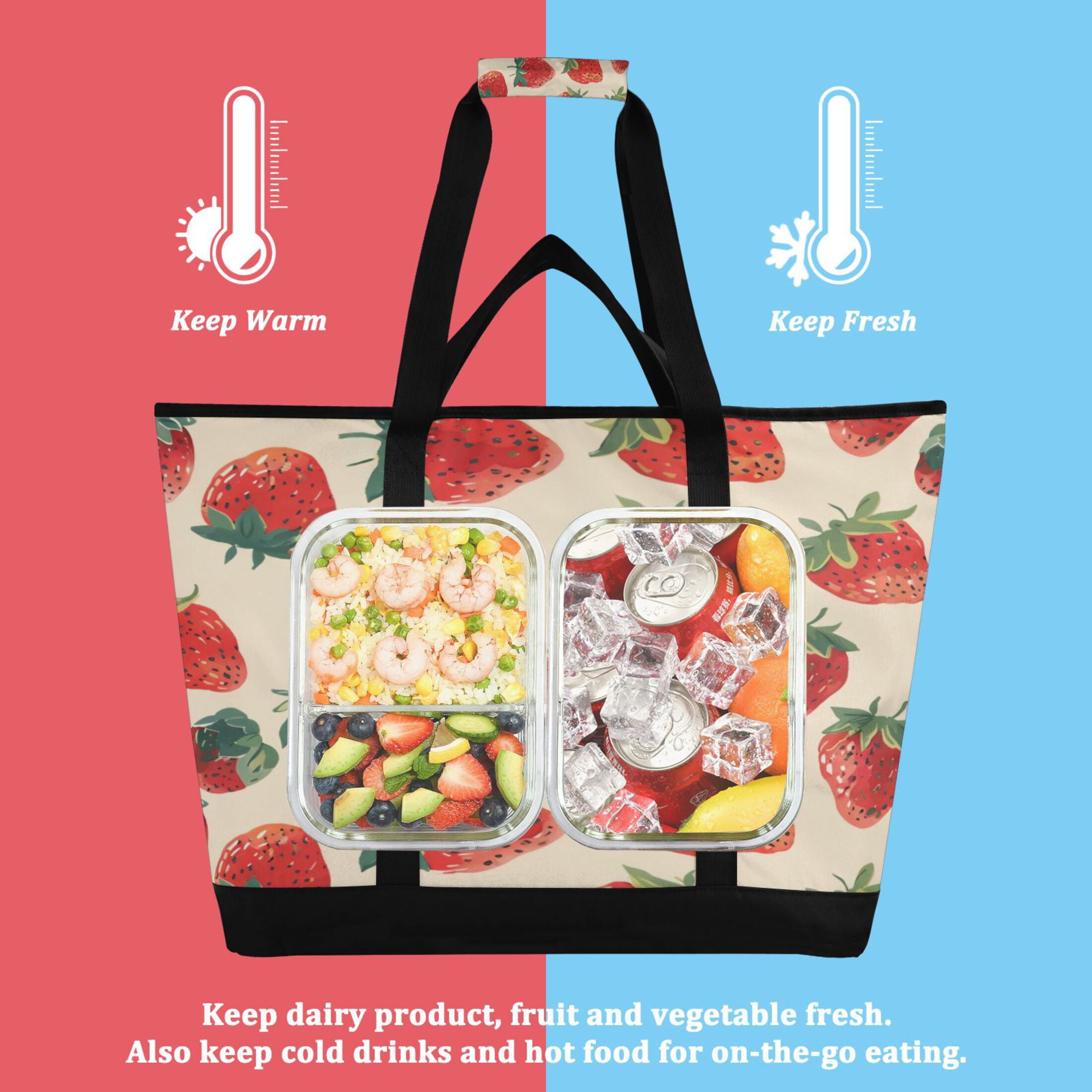 Large Hand-held Ice Pack Picnic Bag Insulation and Refrigeration Suitable for Shopping Picnics and Camping Red Strawberry