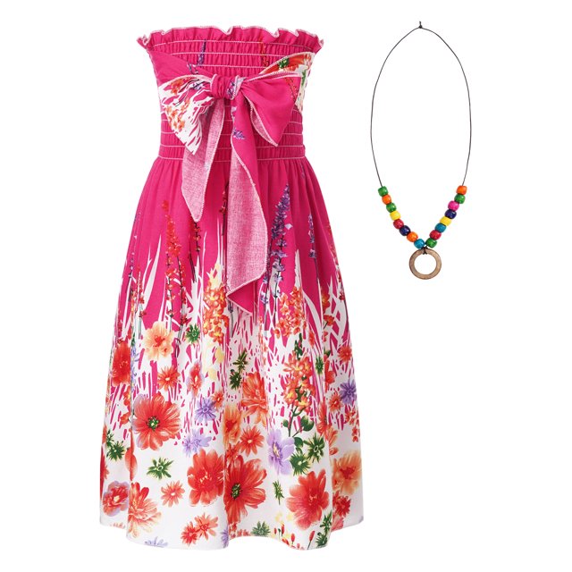 zdhoor Robe d'Été de Plage pour Fête Enfants Filles Bohème à Imprimé Floral Sans Manches avec Collier Type m 140