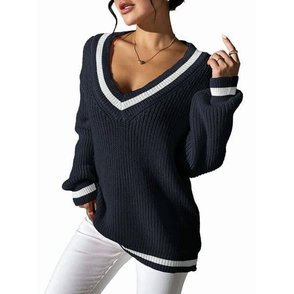 Women Teen Baggy Fashion Striped Long Sleeve Knit Tops Fall Winter Vneck Pullover Preppy Clothes Hidden Blue M