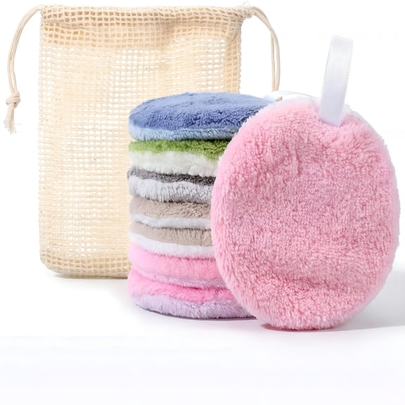 RAGUPEL 8 Pcs Reusable Makeup Remover Pads,Soft Coral Fleece Round Cotton Pad Washable Face Pads with Mesh Storage Bag for Women Eye Shadow Facial Skincare