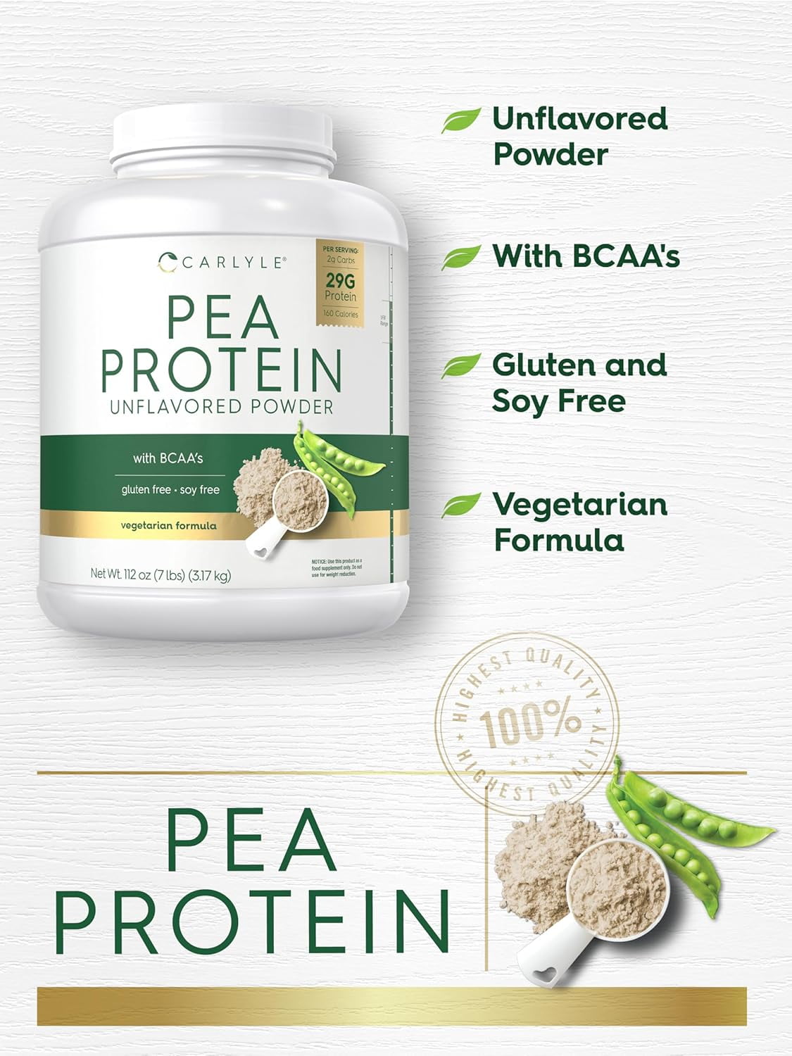 Pea Protein Powder 7lb | Unflavored | 29g Protein Powder for Men and Women | by Carlyle