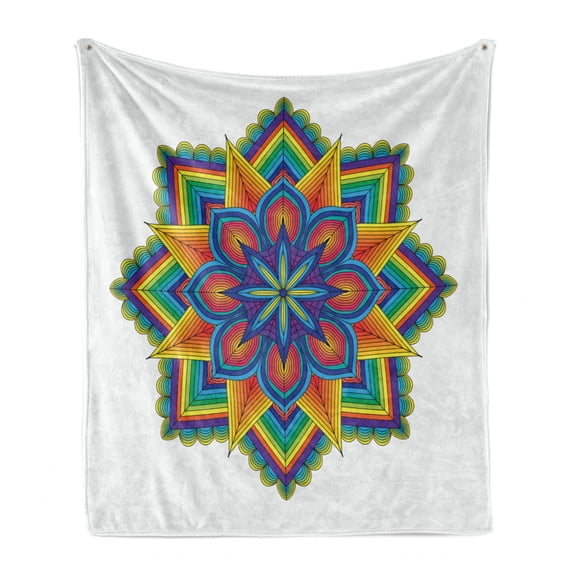 Rainbow Mandala Soft Flannel Fleece Throw Blanket, Colorful Geometric Design with Themed Star and Flower Motifs, Cozy Plush for Indoor and Outdoor Use, 70" x 90", Multicolor, by Ambesonne