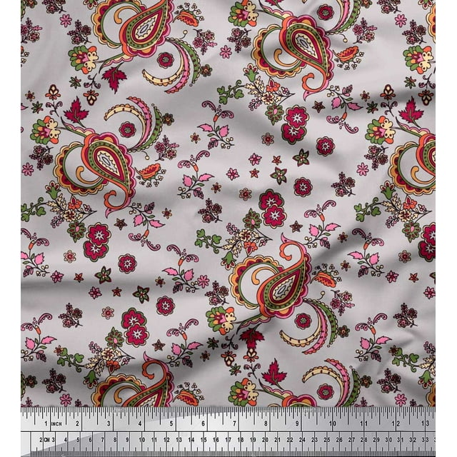 Soimoi Grey Velvet Fabric Floral & Paisley Printed Fabric 1 Yard 58 Inch Wide
