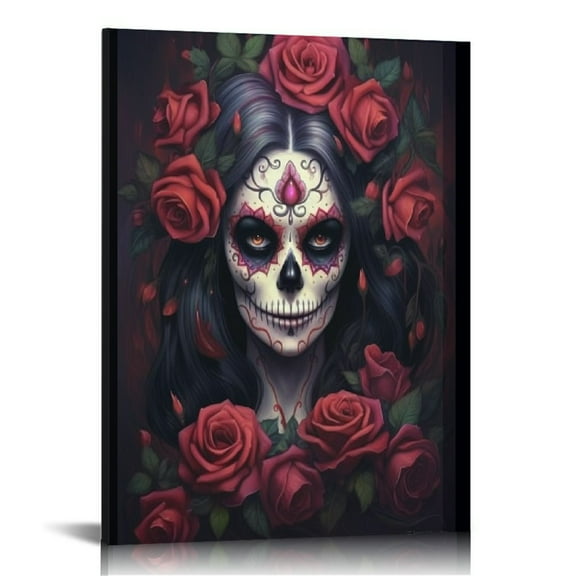 JRXY Dark Flowers Sugar Skull Girls Wall Art Canvas Modern Art Paintings Artwork Decor Wall Pictures Day Of The Dead Wall Art Aesthetic Decor Room Home Dia De Los Muertos Decor 12x16 in