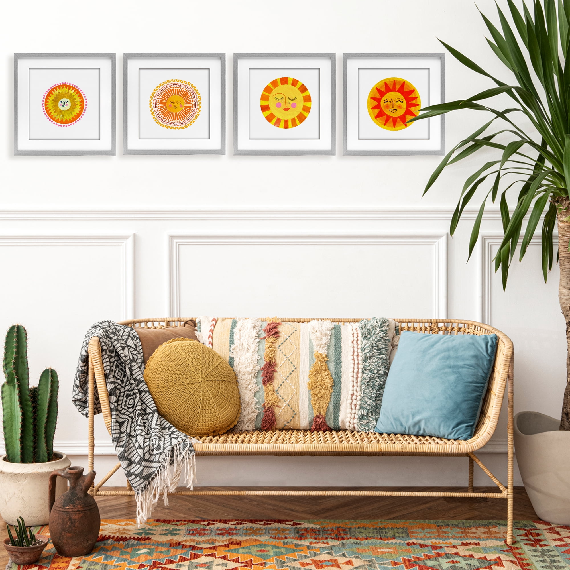 Stupell Industries Whimsical Smiling Suns 4 Piece Gray Framed Print Under Glass Set, design by Katherine Herrell Studio