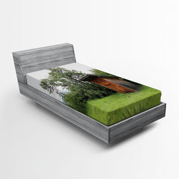 Ambesonne Outhouse Fitted Sheet, Wooden Hut in Forest, Twin Size, Green Brown Forest Green