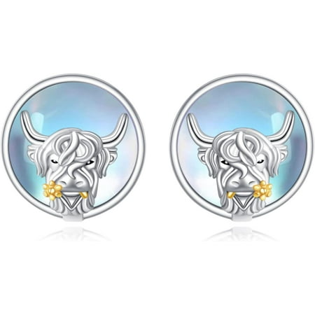 YAFEINI Highland Cow Earrings 925 Sterling Silver Highland Cow Stud Earrings Moonstone Cute Animal Jewelry Gift for Women Mother Wife