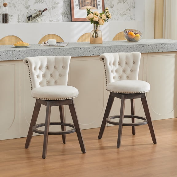 Jianyuan Song 26" Counter Height Swivel Bar Stools Set of 2, Hand-Tufted Velvet Upholstered Bar Chairs with Button Trim, Solid Wood Legs, Beige