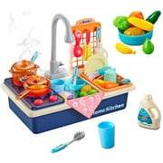 Kitchen Sink Toys-Water Play Cooking Stove Play with Running Water House Wash Up Kitchen Sets with Realistic Light Play Dishes Accessories for Toddlers Kids 3 4 5-7