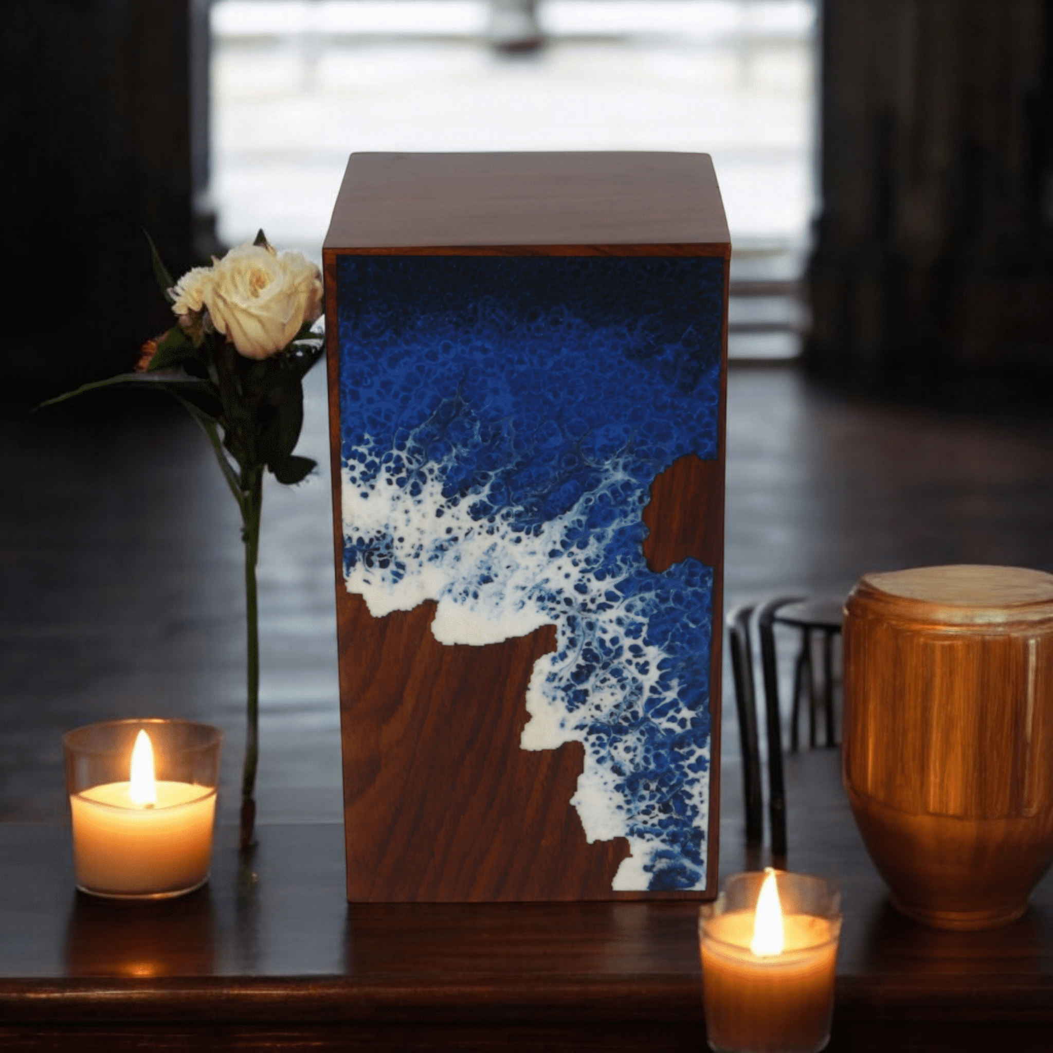 Wooden Cremation Urn for Human and Pet Ashes, Memorial Urn, Burial Urn, Keepsake Urn, Adult Urn with Epoxy Design (Medium)