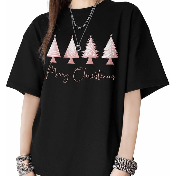 T Shirts for Womens Christmas Xmas Tree Short Sleeve Graphic Tees Loose Fit T-Shirt Cotton Casual Tops