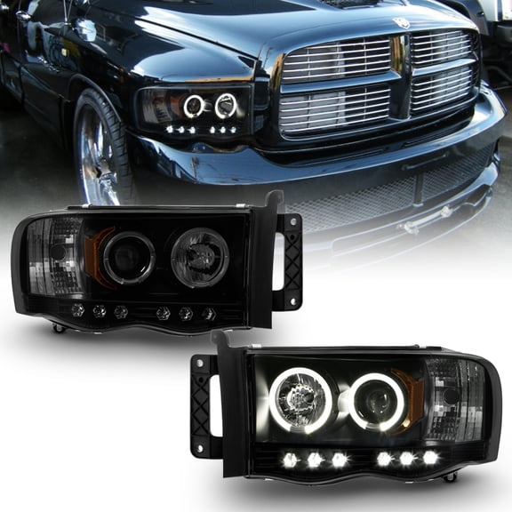 AKKON - For 2002-2005 Dodge Ram 1500 | 2003-2005 Ram 2500 3500 Black Smoke Dual Halo Projector LED Headlights