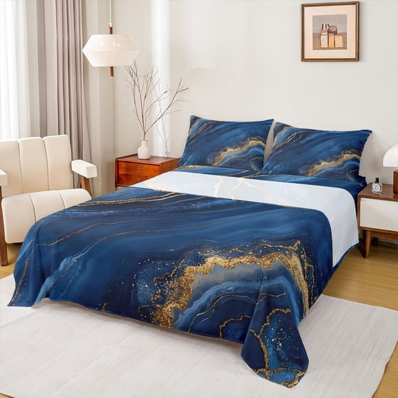 Castle Fairy Kids Teenagers Gradient Marble Stone Pattern Twin Sheet Sets 3pcs,Mountain Fluid Gold Metallic Twin Fitted Sheet Microfiber,Ombre Marbling Watercolor Breathable Flat Sheet