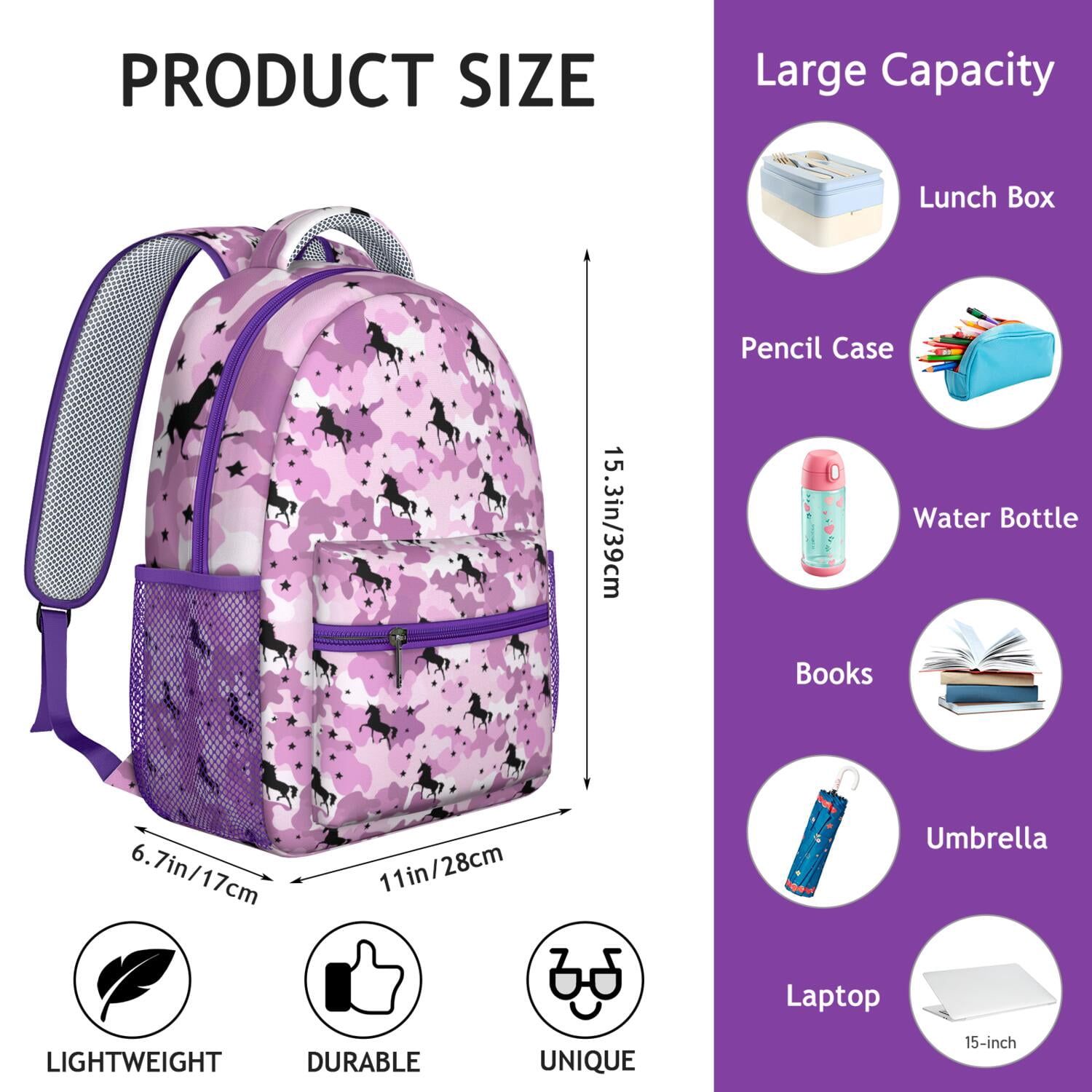 Fantasy Unicorn & Floral Backpack - Waterproof Student Bag with Mythical Horse Design, Padded Straps & Spacious Compartments