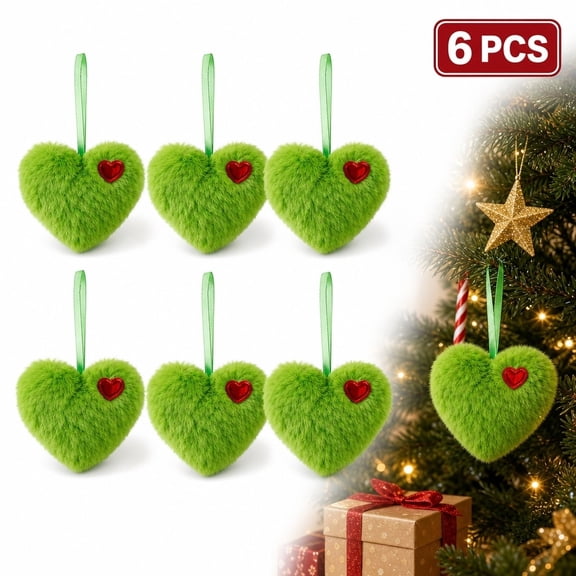 6 PCS Green Fluffy Heart Ornaments, Plush Christmas Tree Decor with Red Heart & Ribbon, Holiday Hanging Decor
