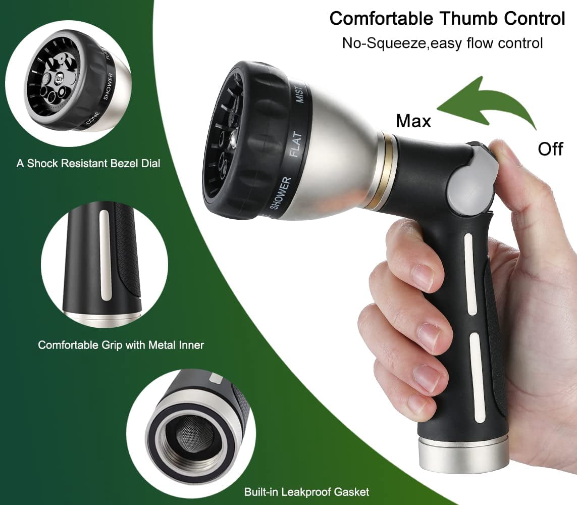FANHAO Heavy Duty Garden Hose Nozzle with 8 Spray Patterns, Watering Hose Nozzle, Thumb Control