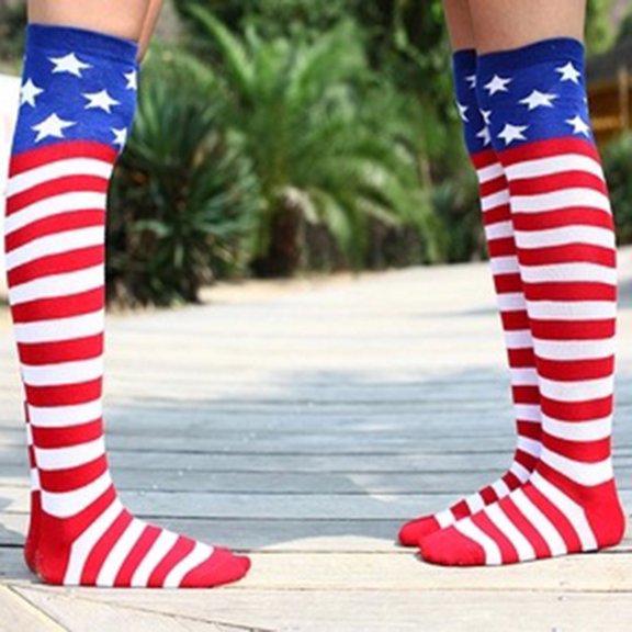 GOOHOCHY Women's Girls Novelty Socks Over Calf Colorful School Boot Socks Striped Stars over the Knee Stockings Sports Cotton Dance Socks Free Size (Red)