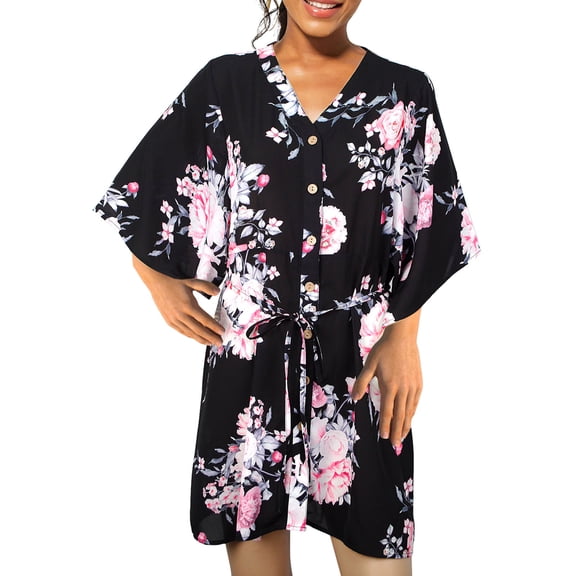 Polemaetus Ladies Printed Tie V Neck Summer Loose Dress for Women