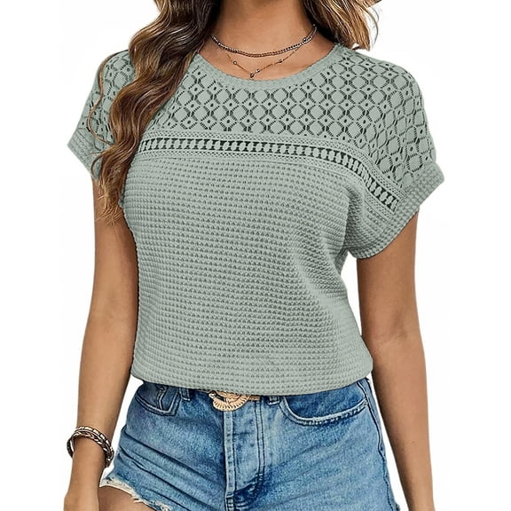 UVN Blouses for Women Summer Short Sleeve Crewneck Dressy Shirts Casual Waffle Knit Hollow Out Tunic Tops