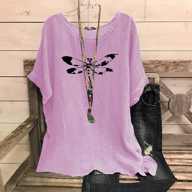 Qiopertar T-Shirts Imprimés Mode pour Femmes Col Rond Manches Courtes Raglan T-Shirt Ample en Coton Lin Blouses Grandes Économies de Vacances! Liquidation Moins de 5$ Livraison Gratuite