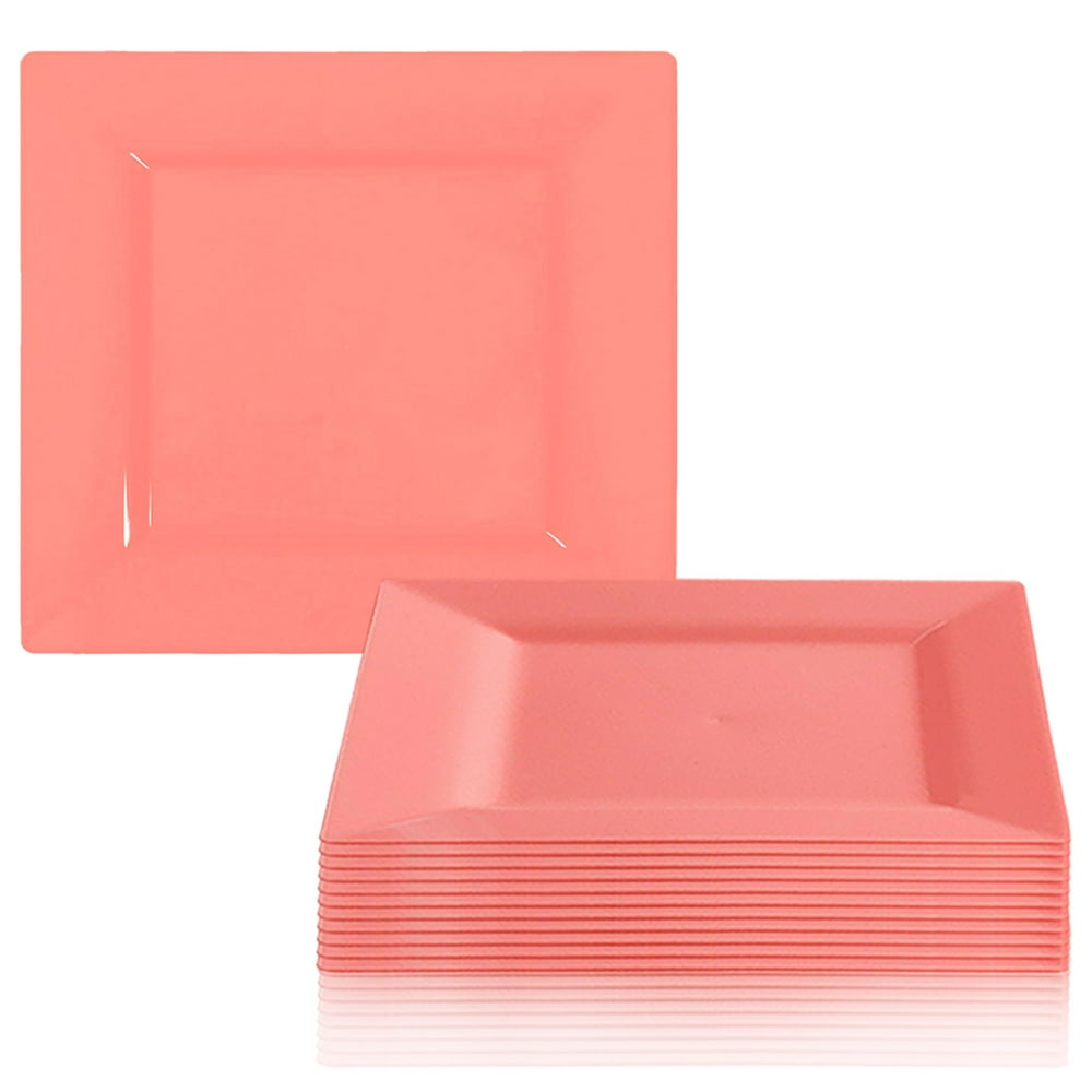 Coral Blush Peach Plastic Square 9.5" Dinner Plates Disposable or