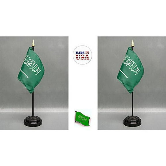 Made in the USA. 2 Saudi Arabia Rayon 4"x6" Miniature Office Desk & Little Hand Waving Table Flags Includes 2 Flag Stands & 2 Small Mini Saudi Arabia Stick Flags, Includes Saudi Arabia Flag Lapel Pin.