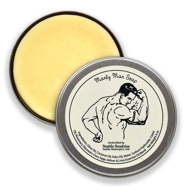 Seattle Sundries Manly Man Jabón en barra Regalo para papá - 1 (4oz) Jabón en barra natural hecho a mano para hombre Aroma masculino clásico en una lata de regalo retro de