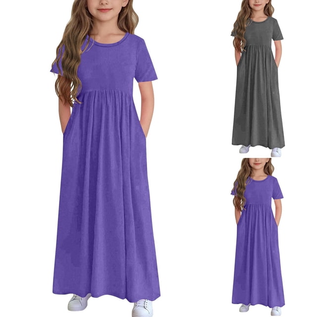 Tranfacy Summer Dresses for Teens Children Short Sleeve Solid Color Ruffled Pockets Round Neck Printed Tunic for Kids