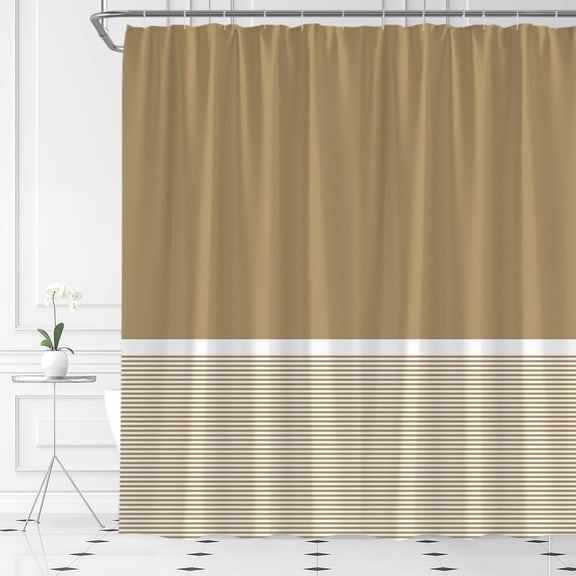 Tan and White Striped Shower Curtain, Modern Minimalist Geometric Stripe Waterproof Bathroom Curtain with Hooks, Boho Farmhouse Decor 36"W x 72"H