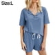 thumbnail image 2 of Pijama azul Ropa de abrigo para mujer Ropa de casa Pantalones cortos de manga corta de color liso Conjunto casual de dos piezas, 2 of 5