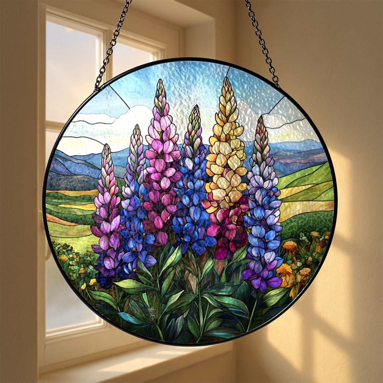 Faux Stained Glass Lupine Window Panel, Botanical Hanging Art
