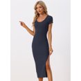 thumbnail image 2 of Vestido de Punto para Mujer con Cuello Redondo Manga Corta Abertura Lateral Vestidos Elegante a Media Pierna Azul marino M, 2 of 6